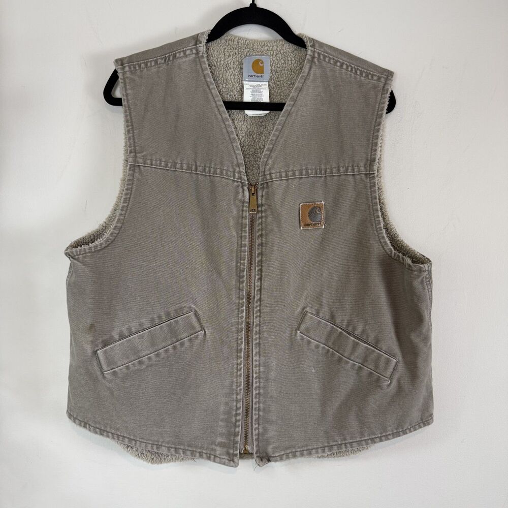 Vintage Carhartt V13 DES Desert Grey-Beige Sherpa-Lined Duck Workwear Vest Large